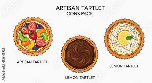 Assorted tartlets with various toppings and fillings displayed on a clean white surface from a top-down viewpoint showcasing food icons