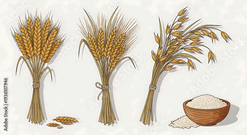 Illustration of wheat bundles and grains in various arrangements with a bowl of flour viewed from above