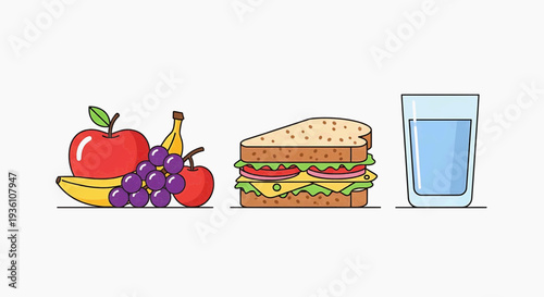 Healthy meal illustration featuring sandwich, fruits, and glass of water on a clean background from a straightforward viewpoint