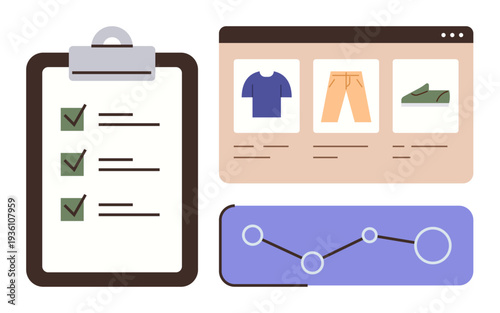 E-commerce, business strategy, data analysis, online retail, performance tracking, inventory management. Checklist, product catalog and analytics chart. E-commerce and business strategy concept