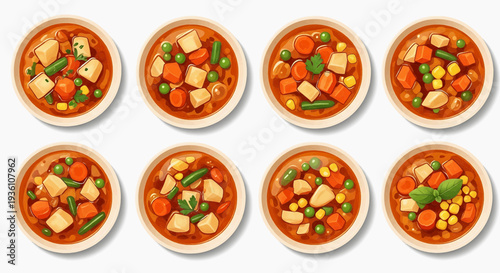 Assorted Vegetable Stew Dishes with Various Ingredients in Bowls