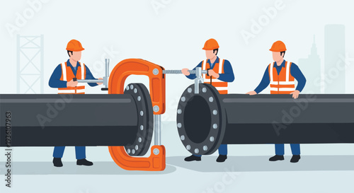Construction Workers Connecting Large Industrial Pipes with Flanges.