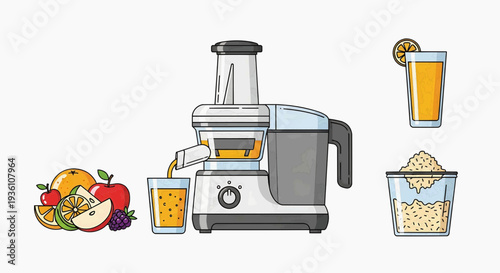 Modern juicer machine processing fresh fruits into juice and pulp, showcasing kitchen appliance functionality in a still life arrangement.