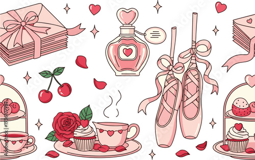 Cozy coquette aesthetic collection featuring pink ballet slippers perfume bottles love letters cupcakes tea and delicate floral elements hand drawn vector illustration