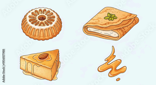 Assorted pastries and sauce are depicted in a graphic illustration, viewed from directly above on a clean background.