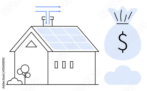 Renewable energy, sustainable living, cost savings, home energy efficiency, eco-friendly technologies, solar power benefits. House with solar panels and money bag symbol. Renewable energy