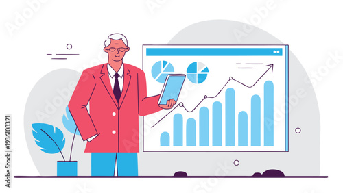 An elderly professional man in a red jacket stands before a digital display of business analytics holding a tablet computer next to a blue plant.