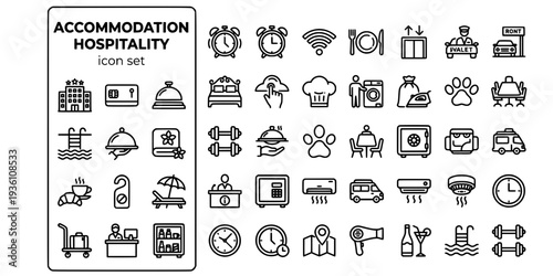 Accommodation Hospitality Bold Line Icons-Hotel Building Room Key Reception Bell King Bed Swimming Pool Room Service Spa Gym Breakfast-15 Hospitality Icon Set Vector - Hotel Icons