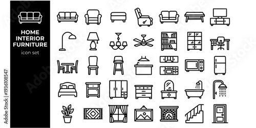 Home Interior Furniture Bold Line Icons-Sofa Floor Lamp Dining Table Bookshelf Potted Plant Kitchen Island Bed Bathroom Vanity Curtain-15 Home Interior Icon Set Vector - Furniture Icons