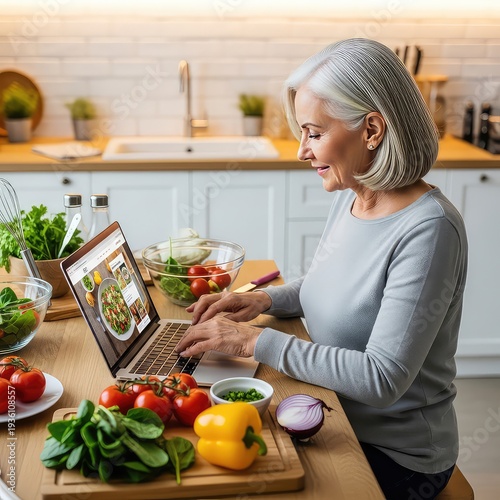 Mature woman cooking in a modern kitchen while using a laptop to access a recipe online with various vegetables and ingredients on the counter nearby her.