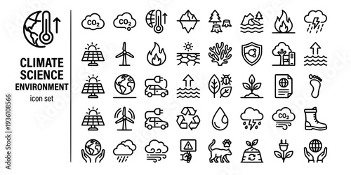 Climate Science Environment Bold Line Icons-CO2 Molecule Temperature Rise Melting Glacier Deforestation Flood Wildfire Drought Coral Ozone-15 Climate Icon Set Vector - Environment Icons