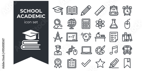 School Academic Bold Line Icons-Graduation Cap Textbook Pencil Ruler School Backpack Globe Calculator Eraser Microscope Compass Chalkboard-15 School Icon Set Vector - Academic Icons