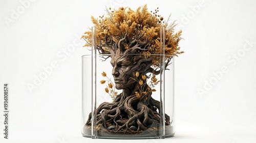 wooden face sculpture, tree man art, organic head carving, nature spirit statue, dry leaves hair, face in wood, artistic interior decor, wooden human head, nature inspired sculpture, autumn leaves cro