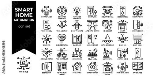 Smart Home Automation Bold Line Icons-Smart Speaker Thermostat Automated Light Bulb Smart Lock Security Camera Video Doorbell Robot Vacuum-15 Smart Home Icon Set Vector - Automation Icons