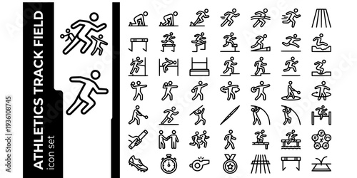 Athletics Track Field Bold Line Icons-Sprint Start Block Hurdle Leap Long Jump High Jump Fosbury Shot Put Discus Hammer Javelin Pole Vault-15 Athletics Icon Set Vector - Track Field Icons