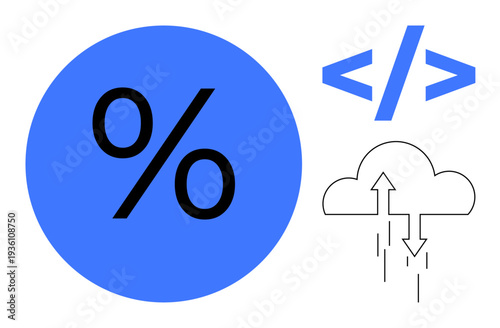 Data processing concept. Percentage symbol, coding brackets, and cloud computing modern data transfer and processing. Data processing for analytics, coding, cloud storage, tech solutions, computation