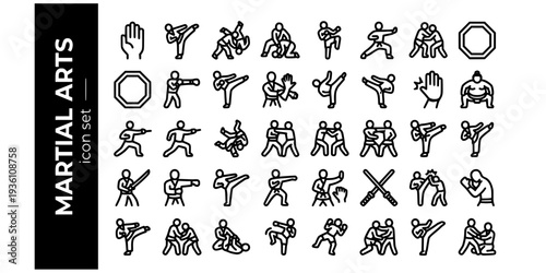 Martial Arts Bold Line Icons-Karate Chop Taekwondo Kick Judo Hip Throw Jiu-Jitsu Guard Muay Thai Kung Fu Wrestling MMA Boxing Capoeira-15 Martial Arts Icon Set Vector - Combat Sports Icons