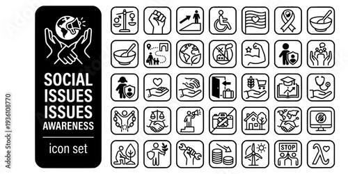 Social Issues Awareness Bold Line Icons-Gender Equality Racial Justice Disability Accessibility LGBTQ Pride Mental Health Poverty Refugee Climate Justice-15 Social Awareness Icon Set Vector - Social I