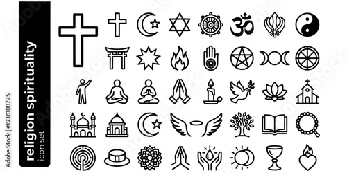 Religion Spirituality Bold Line Icons-Christian Cross Islamic Crescent Jewish Star Buddhist Dharma Wheel Hindu Om Sikh Khanda Taoist Yin Yang-15 Religion Icon Set Vector - Spirituality Icons