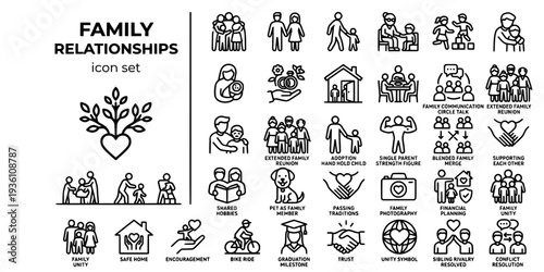 Family Relationships Bold Line Icons-Family Group Hug Couple Holding Hands Parent Child Walk Grandparent Siblings Newborn Wedding Ring-15 Family Icon Set Vector - Relationship Icons