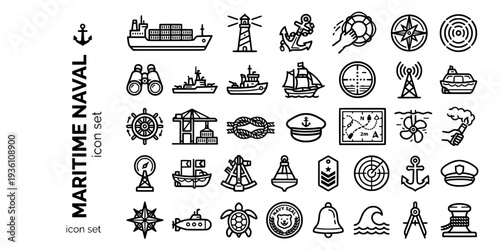 Maritime Naval Bold Line Icons-Cargo Container Ship Lighthouse Ship Anchor Life Ring Buoy Navigation Compass Sonar Submarine Ship Wheel Signal Flag-15 Maritime Icon Set Vector - Naval Icons