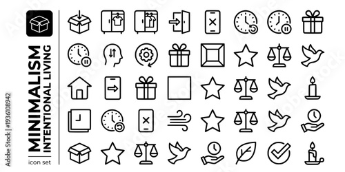 Minimalism Intentional Living Bold Line Icons-Declutter Capsule Wardrobe One In One Out Digital Minimalism Slow Living Intentional Purchase Experience Over Things-15 Minimalism Icon Set Vector - Inten