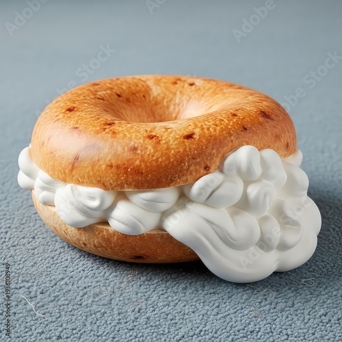 Delicious toasted bagel sandwich with creamy white filling on a textured gray background beautifully presented.