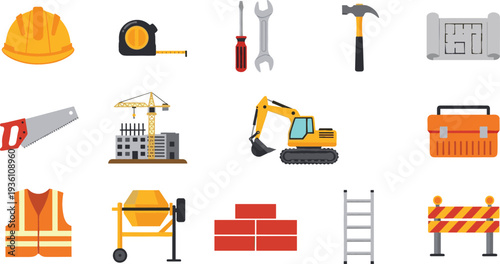 Construction site equipment vector icons set featuring flat design tools like hammer wrench saw helmet crane excavator cement mixer bricks and safety vest.