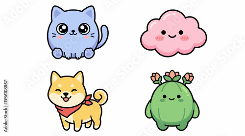 Kawaii Cartoon Character Set Featuring Blue Cat Pink Cloud Shiba Inu Dog and Cactus Monster Isolated on White Background