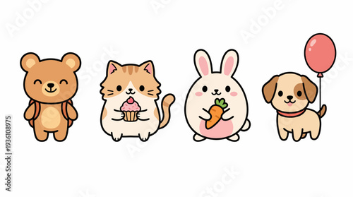 Kawaii Cartoon Character Set Including Teddy Bear With Backpack Ginger Cat With Cupcake Bunny With Carrot and Puppy With Balloon