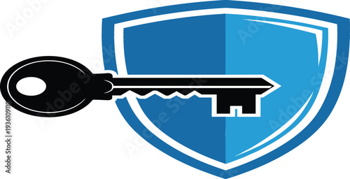 Digital data protection and cyber security concept vector illustration featuring a black skeleton key and blue shield for internet safety and privacy web design projects.