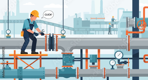 Industrial worker inspecting pipes in refinery maintenance oil and gas.