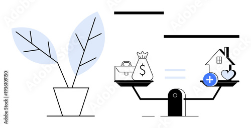 Financial balance. Financial decisions with scales balancing wealth, home, and health symbols against growth. Financial solutions for investments, savings, wealth distribution, decision-making