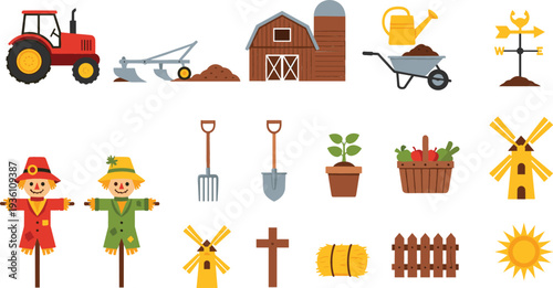 Flat farm vector collection featuring a red tractor barn scarecrows windmill and garden tools for rural agriculture and organic countryside themed design projects.