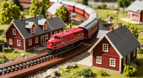 Miniature red train winds past small red houses and trees on a model railroad landscape