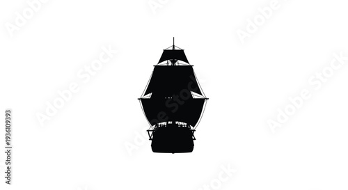 Black silhouette of a vintage sailing ship against a white background silhouette