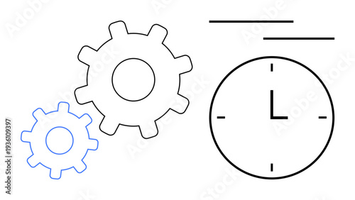 Time management, workflow efficiency, productivity improvement, process optimization, teamwork, scheduling. Two gears and a clock with simple lines. Time management and workflow efficiency concept
