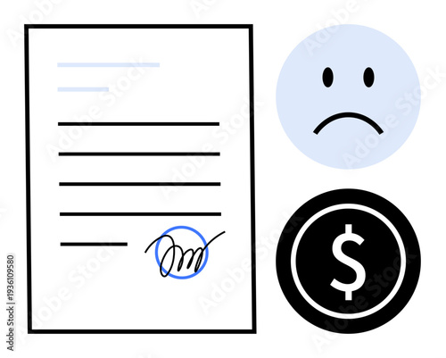 Money loss concept. A signed financial document, a sad face symbol, and a dollar icon visually the theme of financial loss. Perfect for business, finance, debt, contracts, and economic challenges
