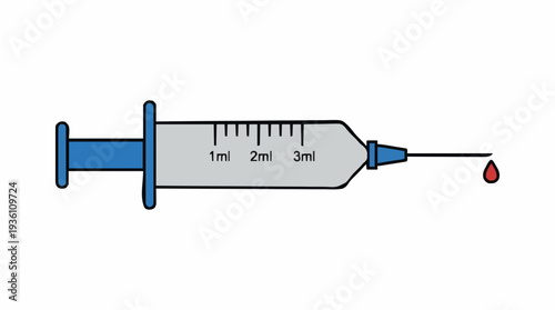 Medical Syringe With Blue Plunger and Needle Collecting Drop Of Blood Against White Background