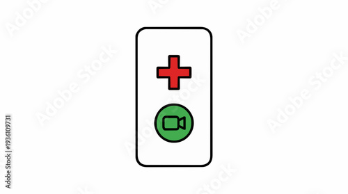 Simple graphic interface icon with a red plus symbol and a green video camera icon on a white background