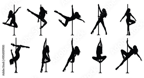 Dynamic pole dancers in various poses captured as a striking silhouette