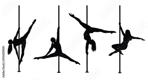 Pole dancing poses depicted in striking black silhouettes