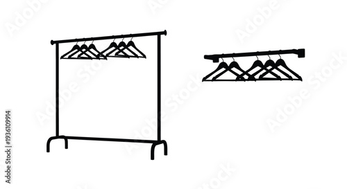 Clothing racks with hangers depicted in a stark black silhouette