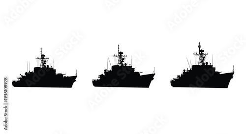 Three navy warships displayed in a striking black silhouette