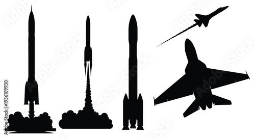 Rockets and fighter jets in a stark black silhouette