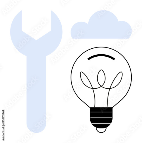 Technology, innovation, creativity, cloud computing, problem-solving, hardware tools. ion of a light bulb, wrench and cloud icons. Technology and innovation concept