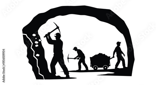 Miners working inside a cave entrance a striking black silhouette