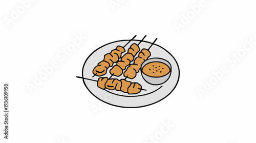 Simple Hand Drawn Illustration Of Chicken Satay Skewers With Peanut Sauce On A Plate