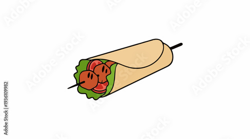 Simple flat illustration of a kebab wrap with meat lettuce and tomato on a skewer isolated on a white background