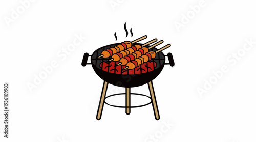 Barbecue grill with meat skewers cooking over hot coals and emitting steam smoke a circular black grill with wooden legs on a white background during daytime